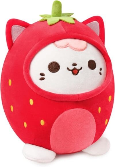 PEACH CAT Almohada de felpa con diseño de gato de fresa y gatito de fresa con ropa exterior de fresa para niños